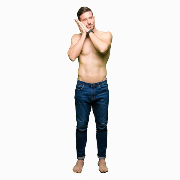 Bello Uomo Senza Maglietta Mostrando Petto Nudo Sonno Stanco Sognare — Foto Stock