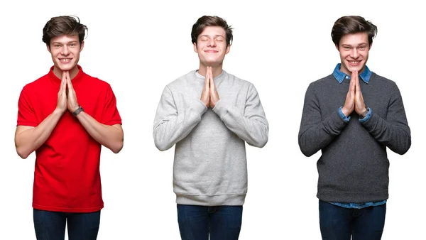 白い孤立した背景の上の若い男のコラージュ一緒に手で祈る自信を持って笑顔 — ストック写真