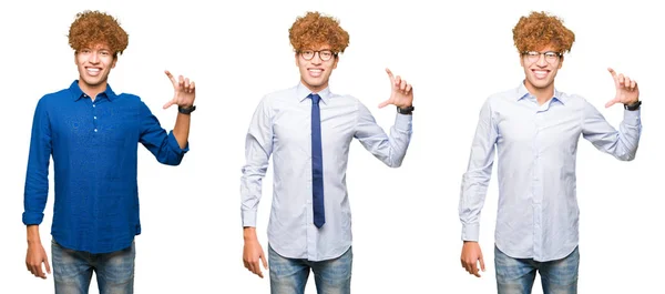 Collage Giovani Bussines Uomo Con Capelli Ricci Indossando Occhiali Sfondo — Foto Stock