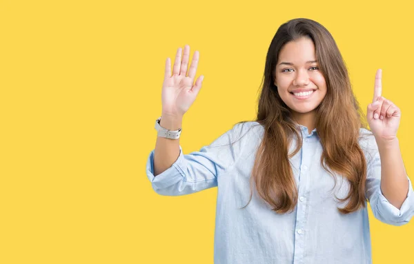 Joven Hermosa Mujer Negocios Morena Sobre Fondo Aislado Mostrando Apuntando —  Fotos de Stock