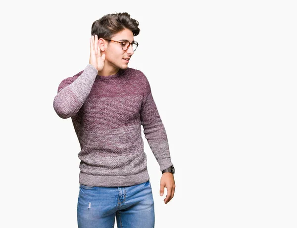 Homem Bonito Jovem Usando Óculos Sobre Fundo Isolado Sorrindo Com — Fotografia de Stock