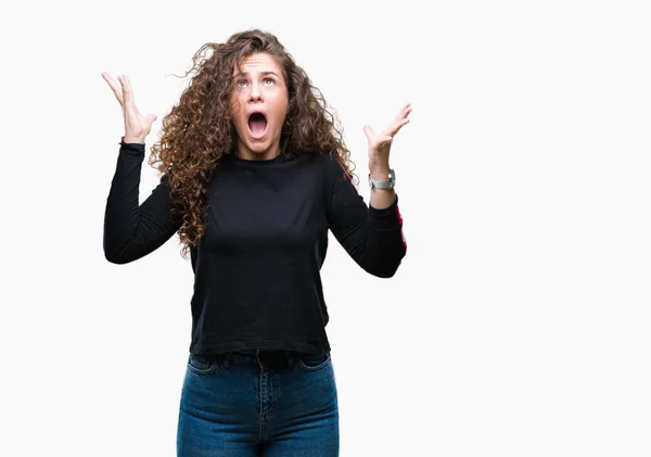 Mooie Jonge Brunette Krullend Haar Meisje Dragen Casual Kijken Geïsoleerde — Stockfoto