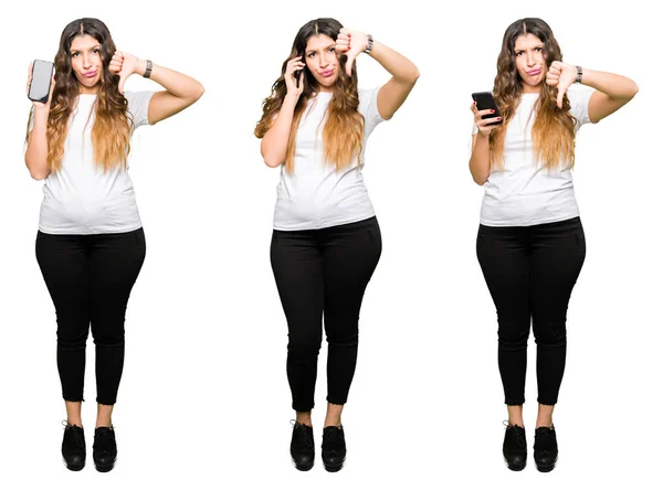 Collage Schöner Junger Frau Mit Smartphone Über Weißem Isoliertem Hintergrund — Stockfoto