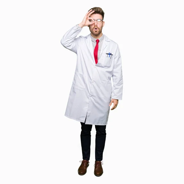 Young Handsome Scientist Man Wearing Glasses Doing Gesture Shocked Surprised — Stock Photo, Image