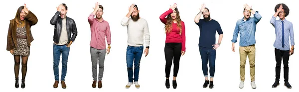 Collage Personer Över Vita Isolerade Bakgrund Förvånad Med Handen Huvudet — Stockfoto
