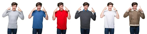 Collage Young Man White Isolated Background Smiling Pointing Head Both — Stock Photo, Image