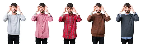 Collage Hombre Joven Sobre Fondo Aislado Tratando Abrir Los Ojos —  Fotos de Stock
