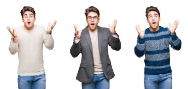 Kolaj izole arka plan kutlama üzerinde genç yakışıklı iş adamı deli ve çığlık kaldırdı ve açık gözleri heyecanlı silah ile başarı için hayran. Kazanan kavramı