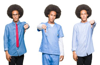 Mutsuz ve kızgın ret gösterilen ve başparmak aşağı hareketi ile negatif seyir beyaz izole arka plan üzerinde afro saçlı Genç adam kolaj. Kötü ifade.