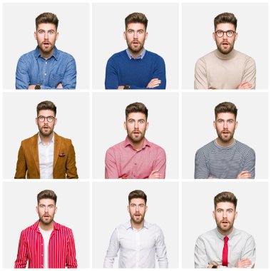 Beyaz izole arka plan korkuyor ve şok sürpriz ifade, korku ve heyecan yüz üzerinden farklı giymiş yakışıklı genç iş adamı kolaj görünüyor.