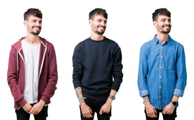 Kolaj uzak tarafına yüzünde, doğal ifade gülümseme ile seyir izole arka plan üzerinde genç adam. Kendine güvenen gülüyor.