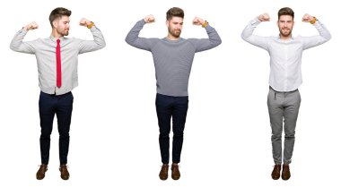 Yakışıklı genç iş adamı gururlu gülümseyen kol kasları gösterilen beyaz izole arka plan üzerinde kolaj. Fitness kavramı.