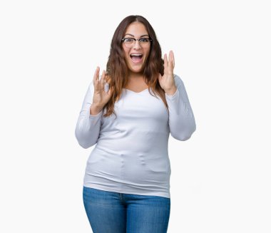 Güzel artı boyutu genç kadın izole arka plan yüzünden kızgın ve silah ile başarı için deli kutluyor kaldırdı ve heyecanlı çığlık gözler kapalı. Kazanan kavramı