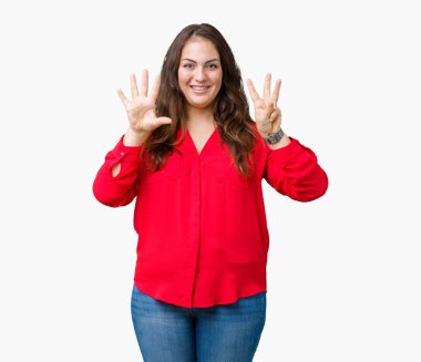 Parmakları ile sekiz kendinden emin ve mutlu gülümseyerek süre güzel artı boyutu genç iş kadını ve yukarıyı gösteren izole arka plan üzerinde numara.