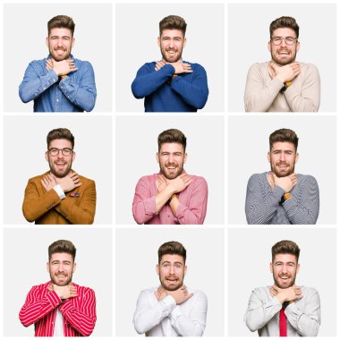 Beyaz izole arka plan üzerinde farklı görünüyor giyen yakışıklı genç iş adamı kolaj ve ağrılı boğma çünkü boğulmak. Sağlık problemi. Asphyxiate ve intihar konsepti.