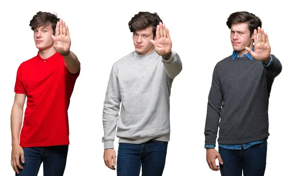 Collage Ung Man Över Vit Isolerade Bakgrund Gör Stopp Sjunger — Stockfoto