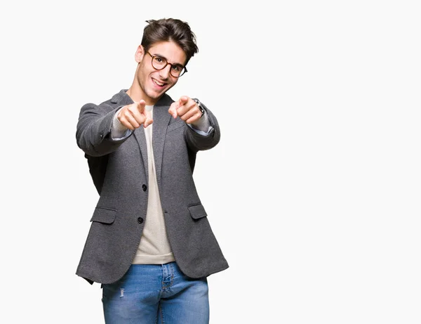 Young Business Man Wearing Glasses Isolated Background Pointing You Camera — Stock Photo, Image