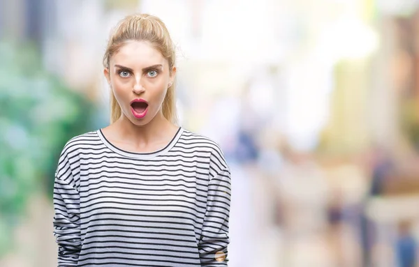 Young Beautiful Blonde Woman Wearing Stripes Sweater Isolated Background Afraid — Stock Photo, Image