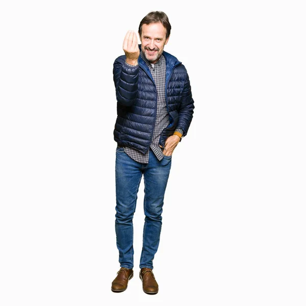 Middle Age Handsome Man Wearing Winter Coat Doing Italian Gesture — Stock Photo, Image