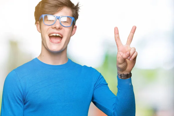 Young Handsome Man Wearing Blue Glasses Isolated Background Smiling Happy — Stock Photo, Image