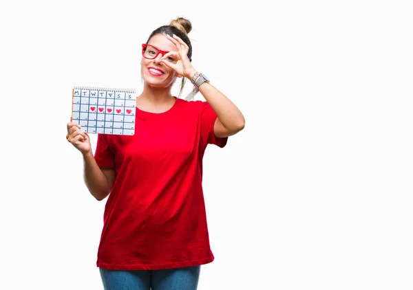 Jonge Mooie Vrouw Houdt Van Menstruatie Kalender Geïsoleerde Achtergrond Met — Stockfoto