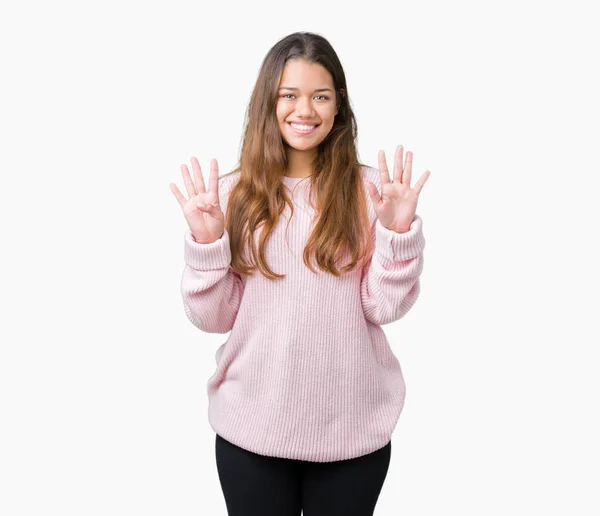 Junge Schöne Brünette Frau Trägt Rosa Winterpullover Über Isoliertem Hintergrund — Stockfoto