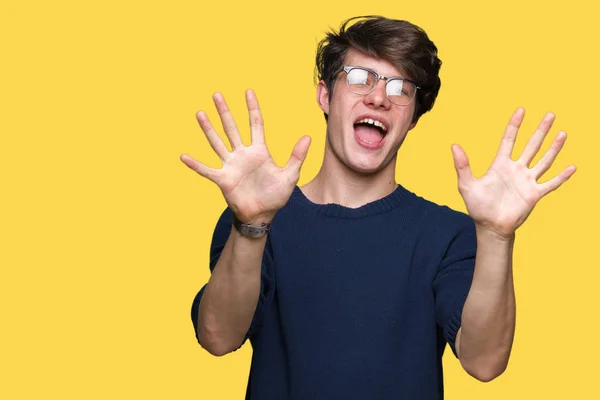 Young Handsome Man Wearing Glasses Isolated Background Showing Pointing Fingers — Stock Photo, Image