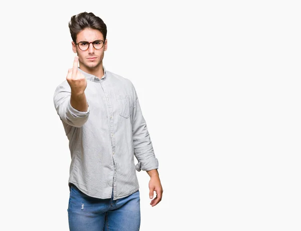 Junger Gutaussehender Mann Mit Brille Über Isoliertem Hintergrund Zeigt Mittelfinger — Stockfoto