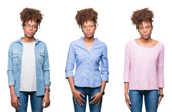 Kolaj genç güzel Afrikalı kızın yüzünde ciddi bir ifade ile izole arka plan gevşek üzerinde. Basit ve doğal kameraya bakıyor.