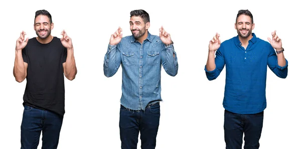 Colagem Homem Bonito Sobre Fundo Isolado Branco Sorrindo Cruzando Dedos — Fotografia de Stock