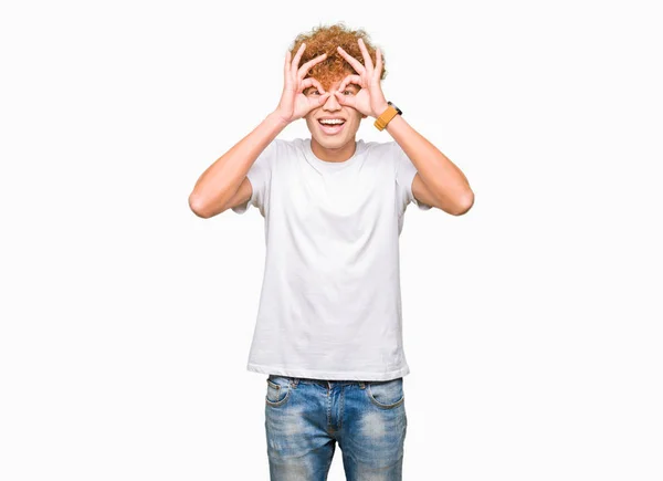 Young Handsome Man Afro Hair Wearing Casual White Shirt Doing — Stock Photo, Image