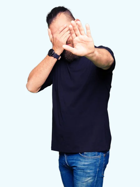 Young Blond Man Wearing Casual Shirt Covering Eyes Hands Doing — Stock Photo, Image