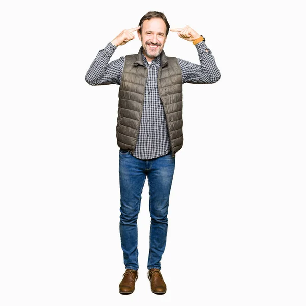 Middle Age Handsome Man Wearing Winter Vest Smiling Pointing Head — Stock Photo, Image