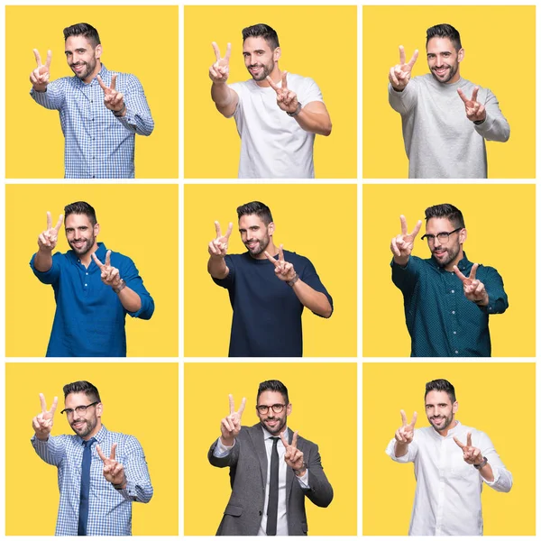 Collage Hombre Guapo Sobre Fondo Aislado Amarillo Sonriendo Mirando Cámara —  Fotos de Stock