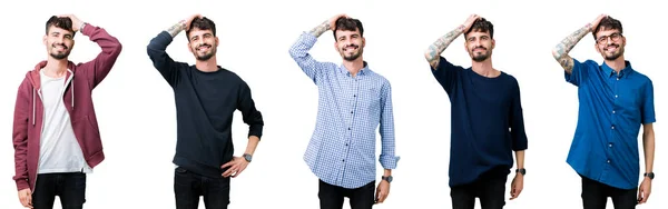 Collage Hombre Joven Sobre Fondo Aislado Sonriendo Con Confianza Tocar — Foto de Stock