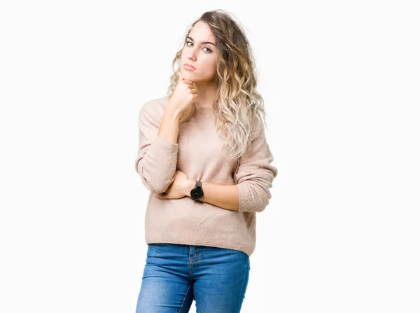 Vacker Ung Blond Kvinna Klädd Sweatershirt Över Isolerade Bakgrund Med — Stockfoto