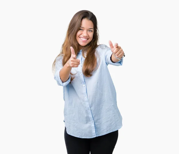 Jovem Mulher Negócios Bonita Morena Sobre Fundo Isolado Apontando Dedos — Fotografia de Stock