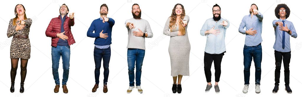 Collage of people over white isolated background Laughing of you, pointing to the camera with finger hand over chest, shame expression
