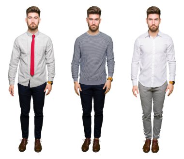 Beyaz izole arka plan üzerinde yakışıklı genç iş adamın kolaj depresif ve sıkıntı için endişe, ağlayan öfkeli ve korkuyor. Üzücü ifade.