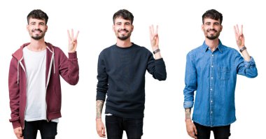 İzole arka plan üzerinde genç adam kolaj gösteren ve parmak sayısı üç ile işaret kadar emin ve mutlu gülümseyen.