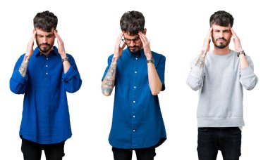 Çünkü kolaj bir genç adam arka plan baş baş ağrısı için el ile izole stres. Migren muzdarip.