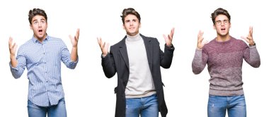 Genç yakışıklı iş adamı izole arka plan çılgın ve kızgın bağırarak ve agresif ifade ve silah kaldırdı bağırmaya kolaj. Hayal kırıklığı kavramı.