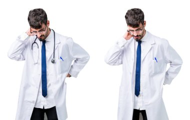 Tıbbi ceket giyen genç doktor adam kolaj boyun ağrısı yaralanma, el ile boyun dokunaklı, kas ağrısı