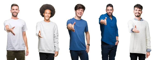 Collage Van Groep Mensen Witte Geïsoleerde Achtergrond Lachend Vriendelijk Aanbieden — Stockfoto
