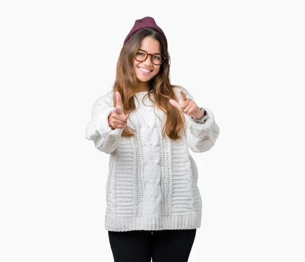 Young Beautiful Brunette Hipster Woman Wearing Glasses Winter Hat Isolated — Stock Photo, Image