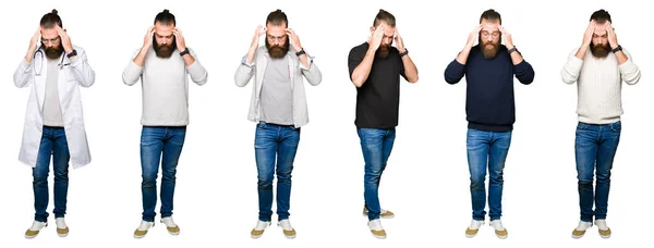 Collage Ung Man Med Bulle Över Vit Isolerad Bakgrund Med — Stockfoto