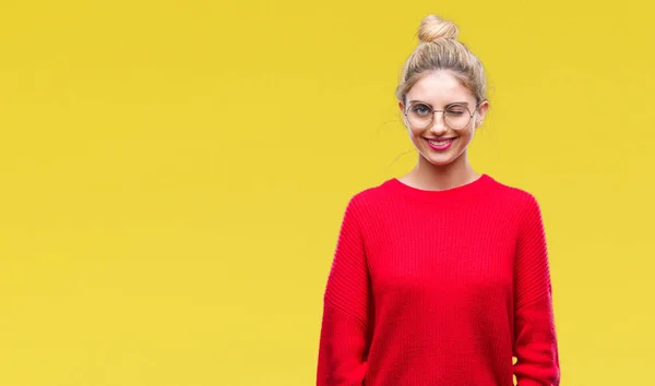 Junge Schöne Blonde Frau Trägt Roten Pullover Und Brille Über — Stockfoto