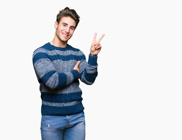 Joven Hombre Guapo Sobre Fondo Aislado Sonriendo Con Cara Feliz —  Fotos de Stock