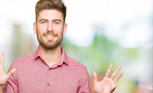 Junger Gutaussehender Geschäftsmann Der Lässig Mit Finger Nummer Neun Zeigt — Stockfoto