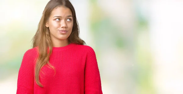 Mujer Morena Hermosa Joven Vistiendo Suéter Rojo Invierno Sobre Fondo —  Fotos de Stock